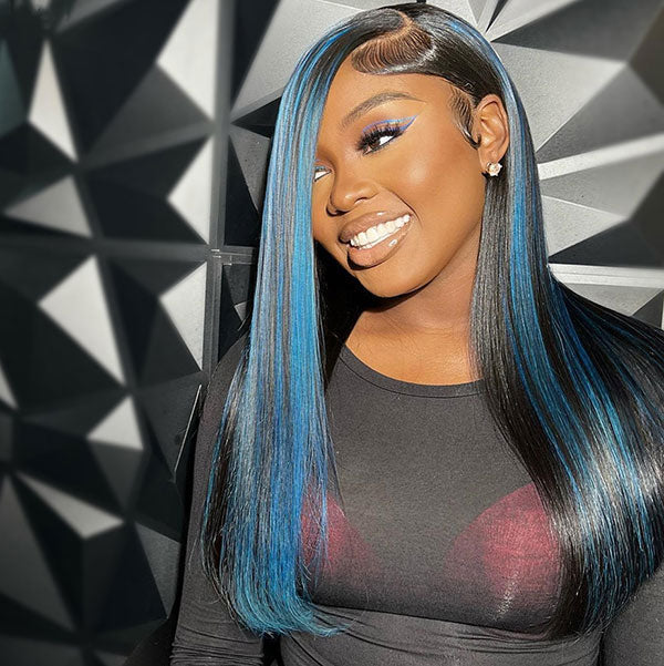 Junoda Balayage Highlight Blue Color Straight Human Hair Wigs 4x4 13x4 Lace Front Wig junoda