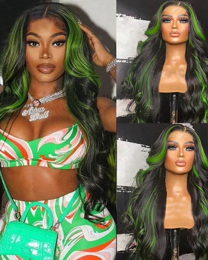 Junoda Balayage Highlight Green Mix Color Body Wave Human Hair Lace Wig for Women junoda