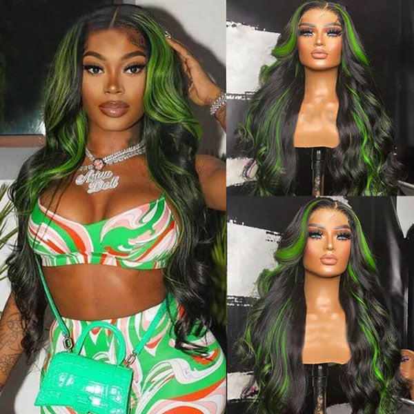 Junoda Balayage Highlight Green Mix Color Body Wave Human Hair Lace Wig for Women junoda