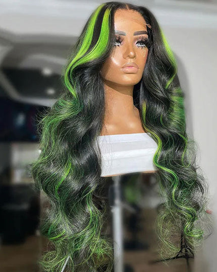 Junoda Balayage Highlight Green Mix Color Body Wave Human Hair Lace Wig for Women junoda