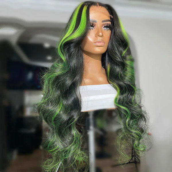 Junoda Balayage Highlight Green Mix Color Body Wave Human Hair Lace Wig for Women junoda