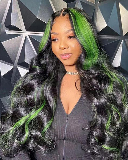 Junoda Balayage Highlight Green Mix Color Body Wave Human Hair Lace Wig for Women junoda