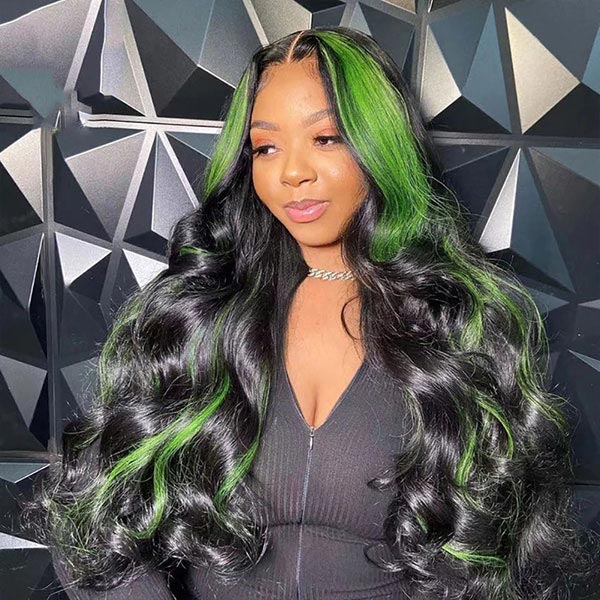 Junoda Balayage Highlight Green Mix Color Body Wave Human Hair Lace Wig for Women junoda