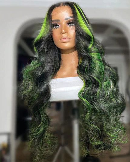 Junoda Balayage Highlight Green Mix Color Body Wave Human Hair Lace Wig for Women junoda