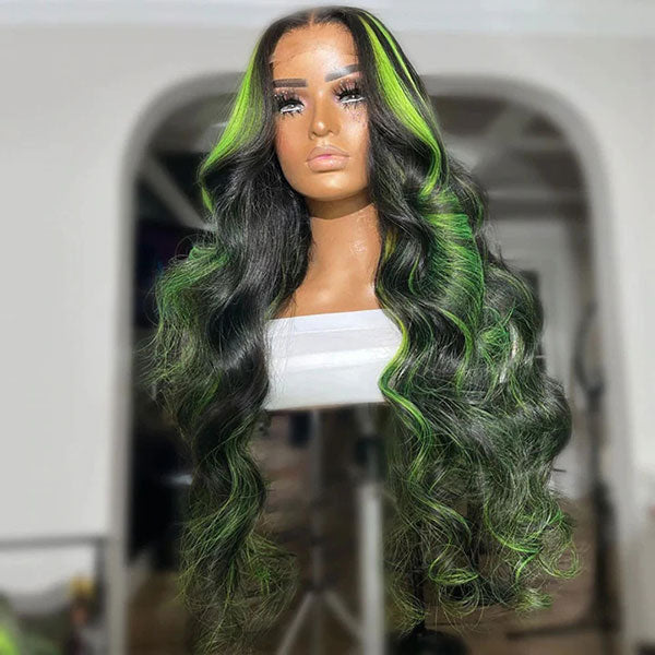 Junoda Balayage Highlight Green Mix Color Body Wave Human Hair Lace Wig for Women junoda