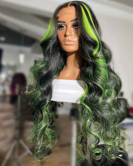 Junoda Balayage Highlight Green Mix Color Body Wave Human Hair Lace Wig for Women junoda