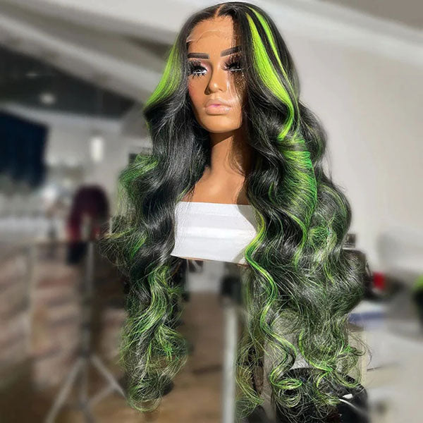 Junoda Balayage Highlight Green Mix Color Body Wave Human Hair Lace Wig for Women junoda