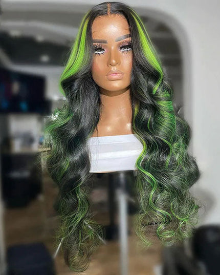 Junoda Balayage Highlight Green Mix Color Body Wave Human Hair Lace Wig for Women junoda