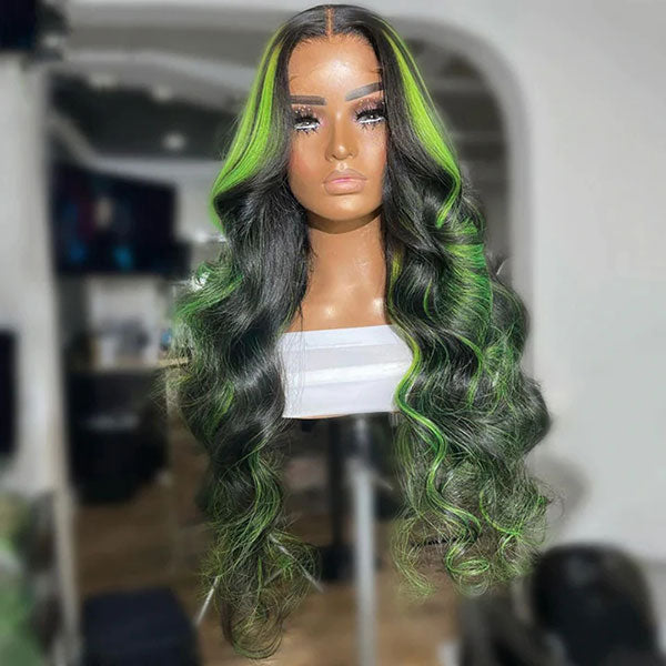 Junoda Balayage Highlight Green Mix Color Body Wave Human Hair Lace Wig for Women junoda
