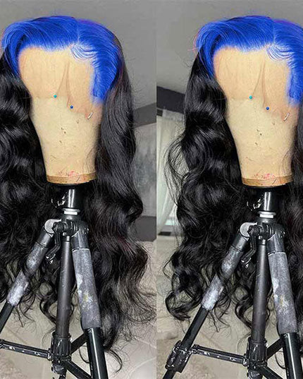 Junoda Billie Eilish Hairstyle Hot Neno Blue Roots Color on Black Hair Skunk Body Wave Lace Wig junoda