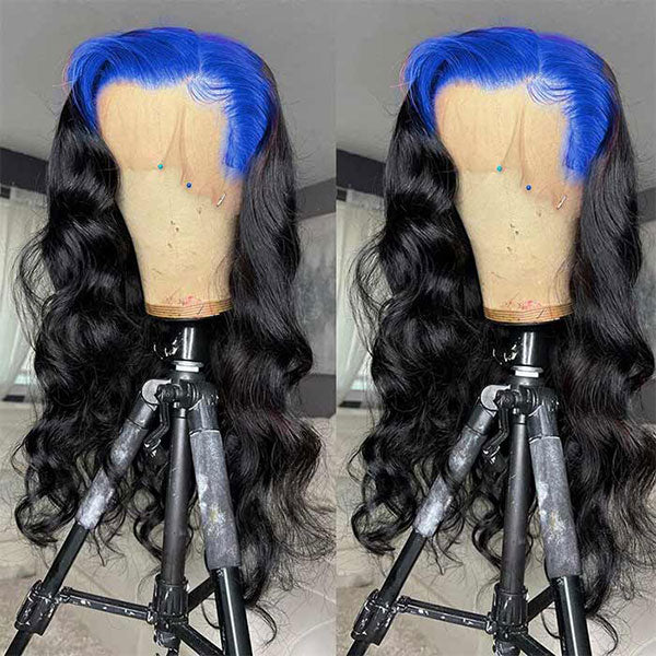 Junoda Billie Eilish Hairstyle Hot Neno Blue Roots Color on Black Hair Skunk Body Wave Lace Wig junoda