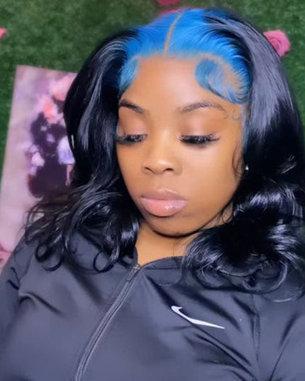 Junoda Billie Eilish Hairstyle Hot Neno Blue Roots Color on Black Hair Skunk Body Wave Lace Wig junoda