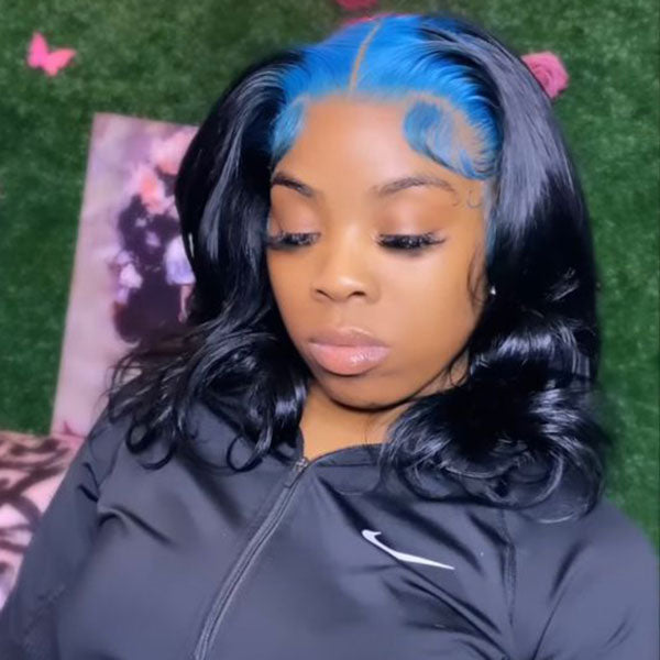 Junoda Billie Eilish Hairstyle Hot Neno Blue Roots Color on Black Hair Skunk Body Wave Lace Wig junoda