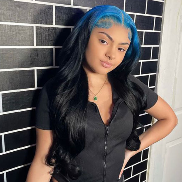 Junoda Billie Eilish Hairstyle Hot Neno Blue Roots Color on Black Hair Skunk Body Wave Lace Wig junoda