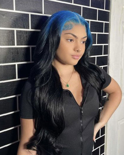 Junoda Billie Eilish Hairstyle Hot Neno Blue Roots Color on Black Hair Skunk Body Wave Lace Wig junoda