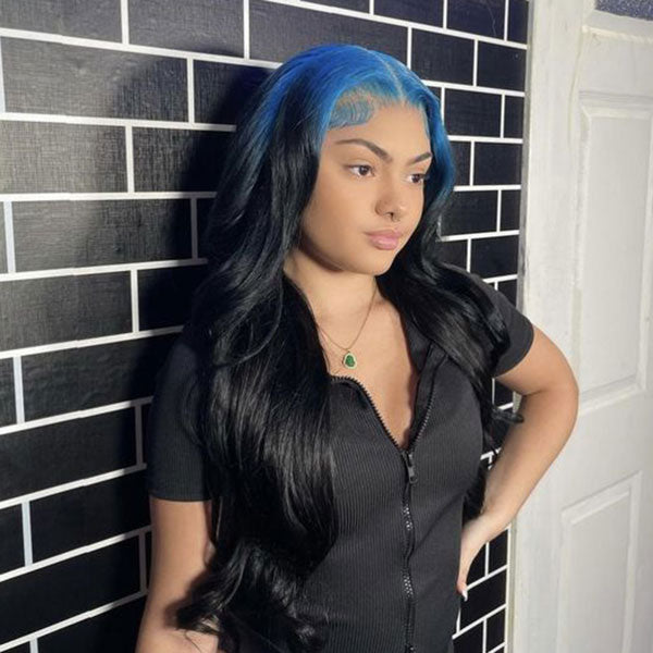 Junoda Billie Eilish Hairstyle Hot Neno Blue Roots Color on Black Hair Skunk Body Wave Lace Wig junoda