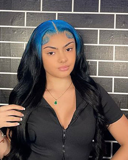Junoda Billie Eilish Hairstyle Hot Neno Blue Roots Color on Black Hair Skunk Body Wave Lace Wig junoda