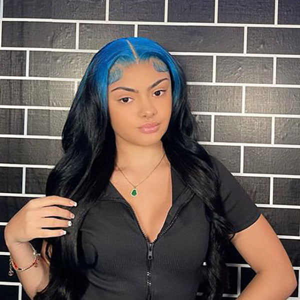 Junoda Billie Eilish Hairstyle Hot Neno Blue Roots Color on Black Hair Skunk Body Wave Lace Wig junoda