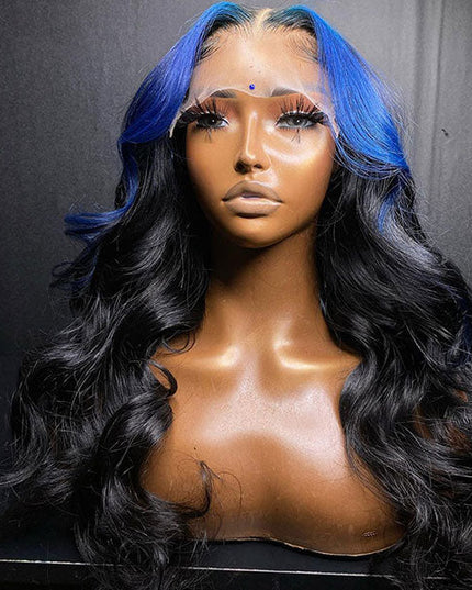 Junoda Billie Eilish Hairstyle Hot Neno Blue Roots Color on Black Hair Skunk Body Wave Lace Wig junoda