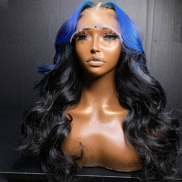 Junoda Billie Eilish Hairstyle Hot Neno Blue Roots Color on Black Hair Skunk Body Wave Lace Wig junoda