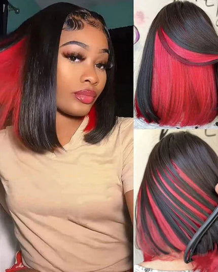 Junoda Black Hair with Red Cute Peekaboo Straight Bob Wig Colored Human Hair Wig junoda