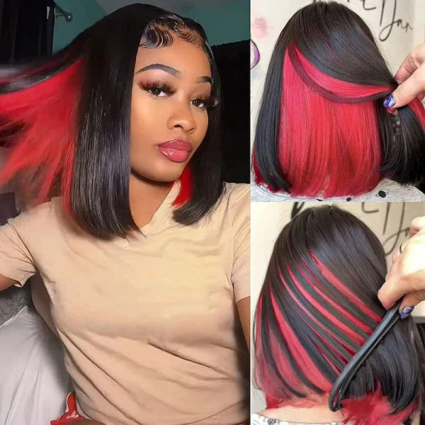Junoda Black Hair with Red Cute Peekaboo Straight Bob Wig Colored Human Hair Wig junoda