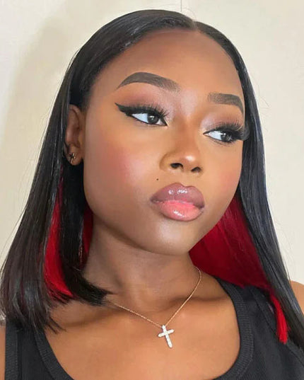 Junoda Black Hair with Red Cute Peekaboo Straight Bob Wig Colored Human Hair Wig junoda
