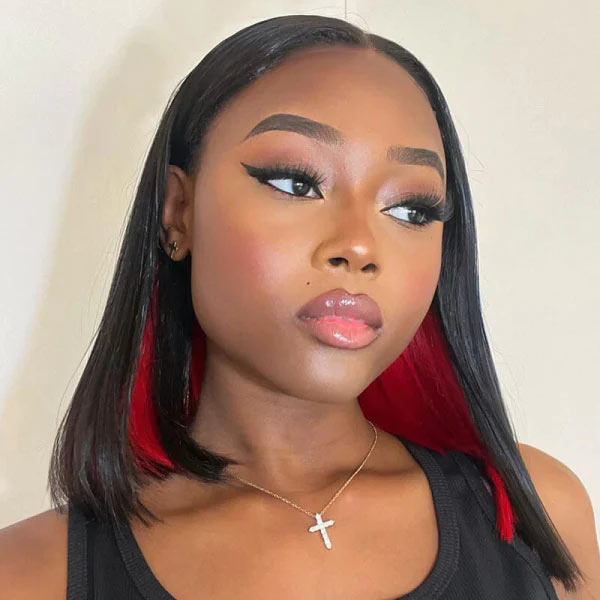 Junoda Black Hair with Red Cute Peekaboo Straight Bob Wig Colored Human Hair Wig junoda