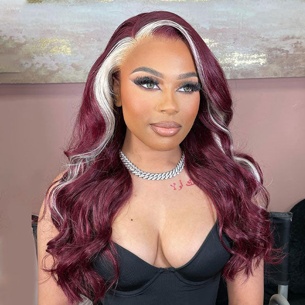 Junoda Blonde 99J Red Burgundy Skunk Stripe Body Wave Lace Front Human Hair Wigs junoda