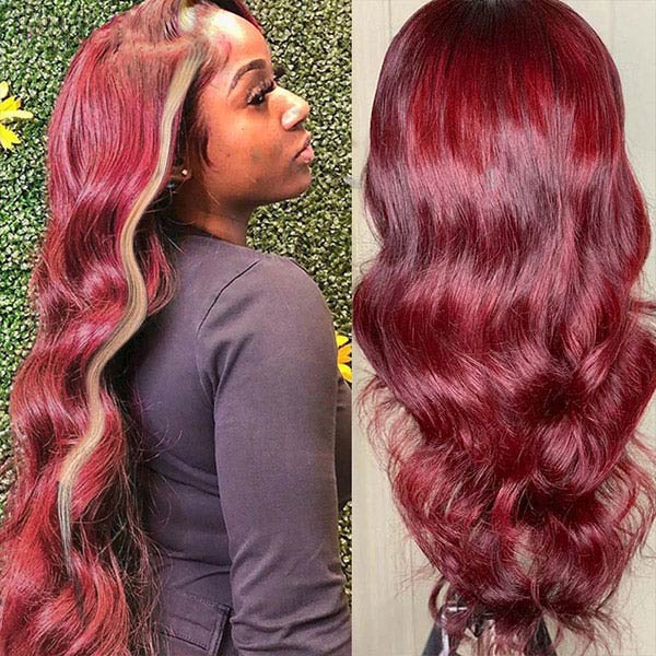 Junoda Blonde 99J Red Burgundy Skunk Stripe Body Wave Lace Front Human Hair Wigs junoda