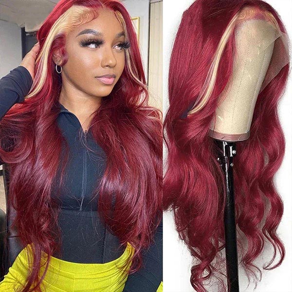 Junoda Blonde 99J Red Burgundy Skunk Stripe Body Wave Lace Front Human Hair Wigs junoda