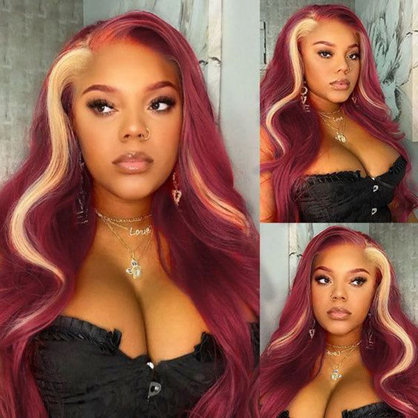 Junoda Blonde 99J Red Burgundy Skunk Stripe Body Wave Lace Front Human Hair Wigs junoda