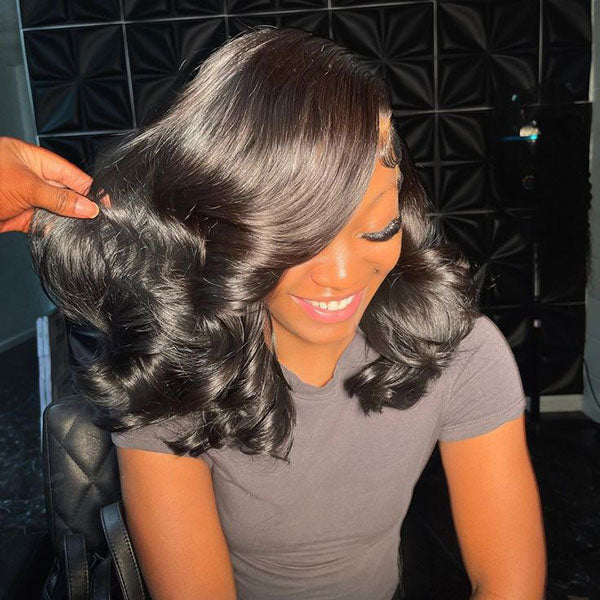 Junoda Body Wave C-Shaped Side Part Short Bob Lace Wig Pre Plucked Human Hair Wigs junoda