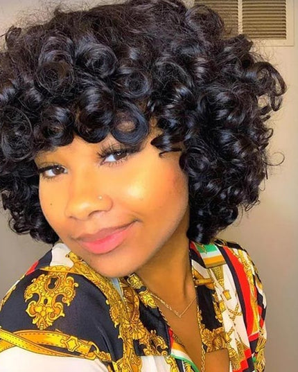 Junoda Bouncy Curly Human Hair Wig With Bangs Short Bob Wigs Natural Black Color cs1 junoda