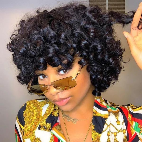 Junoda Bouncy Curly Human Hair Wig With Bangs Short Bob Wigs Natural Black Color cs1 junoda
