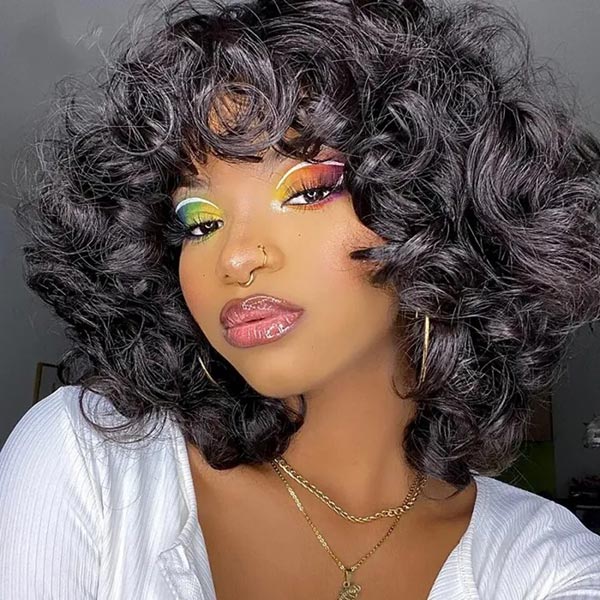 Junoda Bouncy Curly Human Hair Wig With Bangs Short Bob Wigs Natural Black Color cs1 junoda
