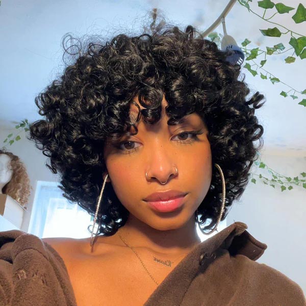 Junoda Bouncy Curly Human Hair Wig With Bangs Short Bob Wigs Natural Black Color cs1 junoda