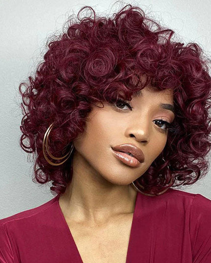 Junoda Burgundy Red 99j Bouncy Loose Curly Short Bob Wigs Full Machine Made Human Hair Wig with Bangs junoda