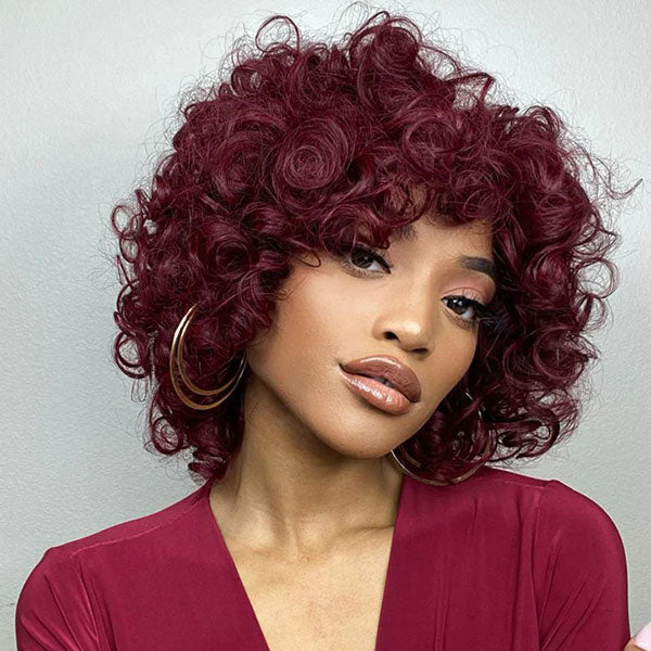 Junoda Burgundy Red 99j Bouncy Loose Curly Short Bob Wigs Full Machine Made Human Hair Wig with Bangs junoda