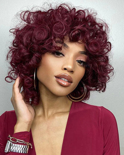 Junoda Burgundy Red 99j Bouncy Loose Curly Short Bob Wigs Full Machine Made Human Hair Wig with Bangs junoda