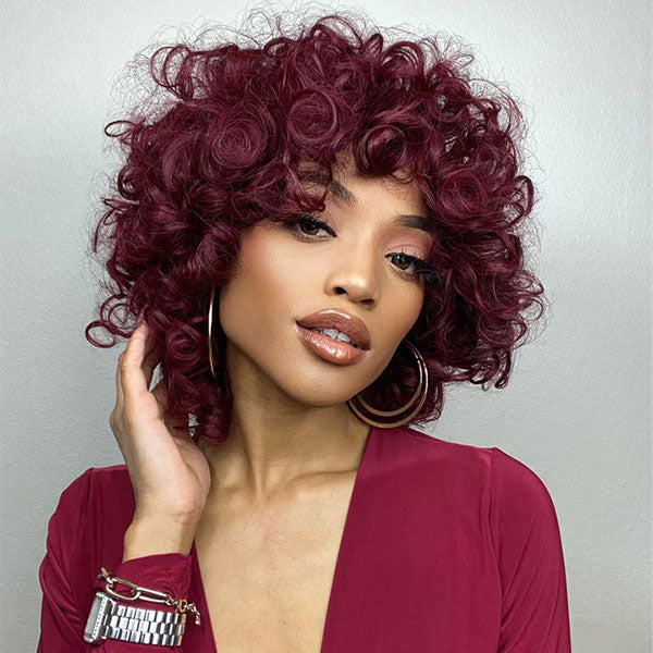 Junoda Burgundy Red 99j Bouncy Loose Curly Short Bob Wigs Full Machine Made Human Hair Wig with Bangs junoda