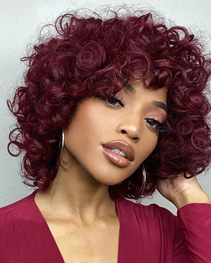 Junoda Burgundy Red 99j Bouncy Loose Curly Short Bob Wigs Full Machine Made Human Hair Wig with Bangs junoda