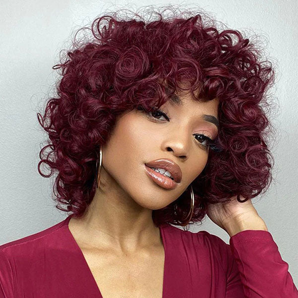 Junoda Burgundy Red 99j Bouncy Loose Curly Short Bob Wigs Full Machine Made Human Hair Wig with Bangs junoda