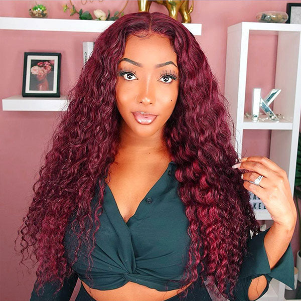 Junoda Burgundy Red 99j Deep Wave Wear & Go Glueless Wig 3 Seconds Install Quick Easy Wig junoda