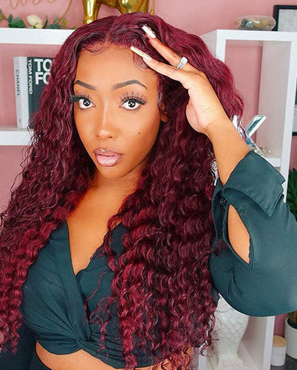 Junoda Burgundy Red 99j Deep Wave Wear & Go Glueless Wig 3 Seconds Install Quick Easy Wig junoda