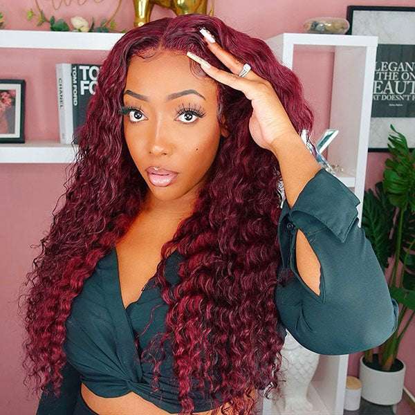 Junoda Burgundy Red 99j Deep Wave Wear & Go Glueless Wig 3 Seconds Install Quick Easy Wig junoda