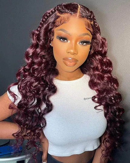 Junoda Burgundy Red Loose Wave Lace Front Wig 4x4 13x4 99J Colored Long Human Hair Wigs junoda