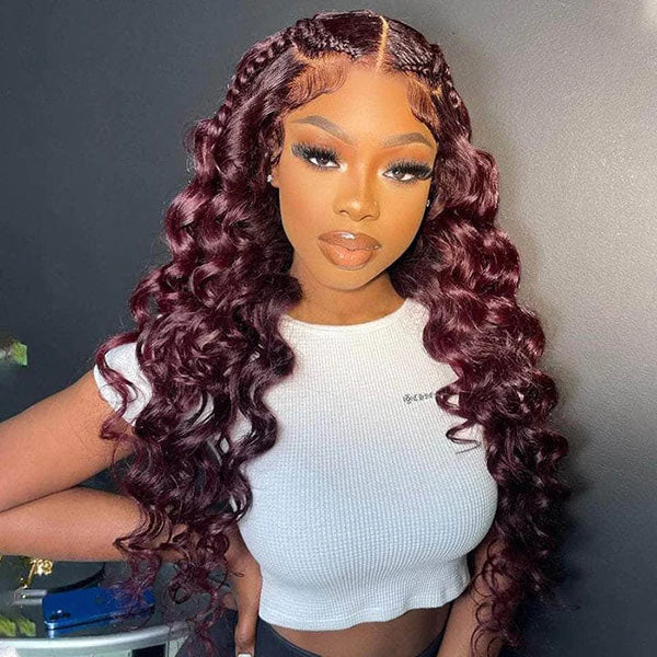 Junoda Burgundy Red Loose Wave Lace Front Wig 4x4 13x4 99J Colored Long Human Hair Wigs junoda