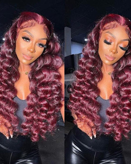 Junoda Burgundy Red Loose Wave Lace Front Wig 4x4 13x4 99J Colored Long Human Hair Wigs junoda