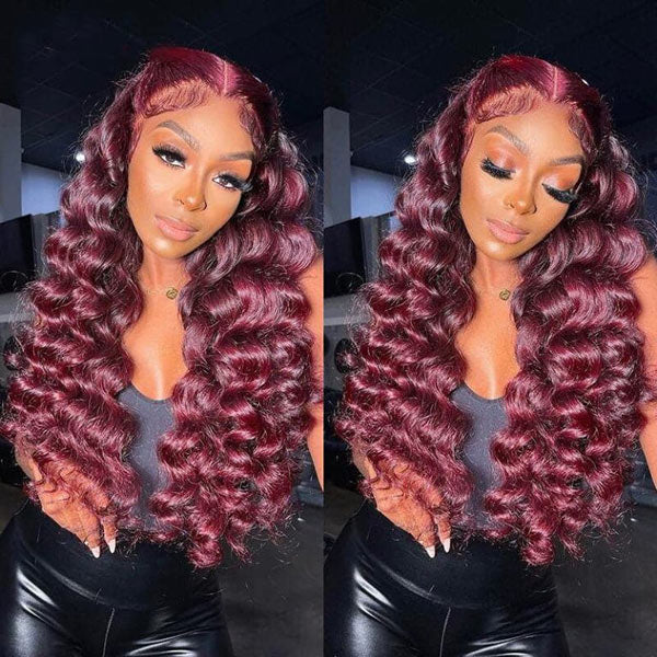 Junoda Burgundy Red Loose Wave Lace Front Wig 4x4 13x4 99J Colored Long Human Hair Wigs junoda